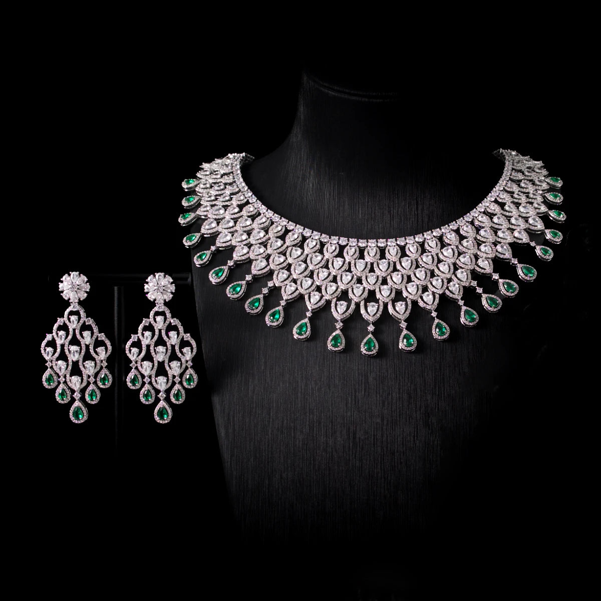 Luxury Indian Bridal Emerald Cubic Zirconia Necklace and Earrings Set
