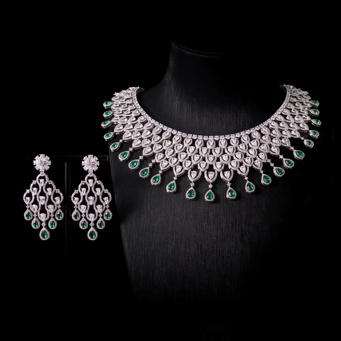 Luxury Indian Bridal Emerald Cubic Zirconia Necklace and Earrings Set