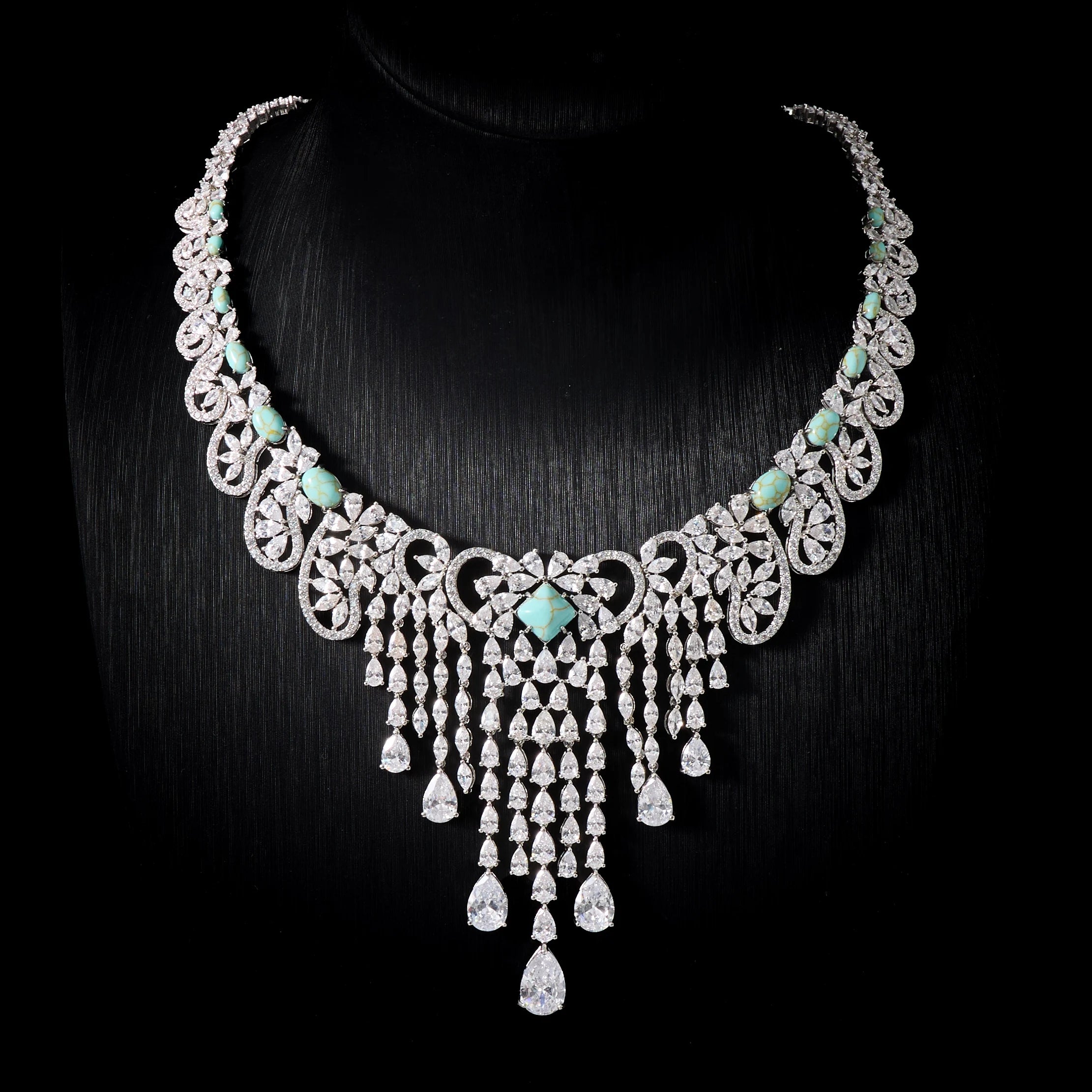 Luxury Turquoise Cubic Zirconia Bridal Necklace Set for Women