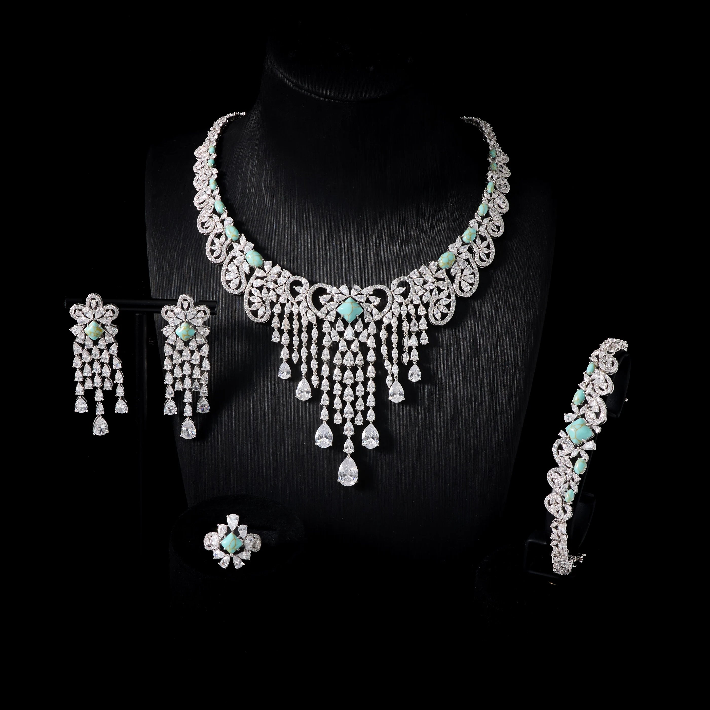 Luxury Turquoise Cubic Zirconia Bridal Necklace Set for Women