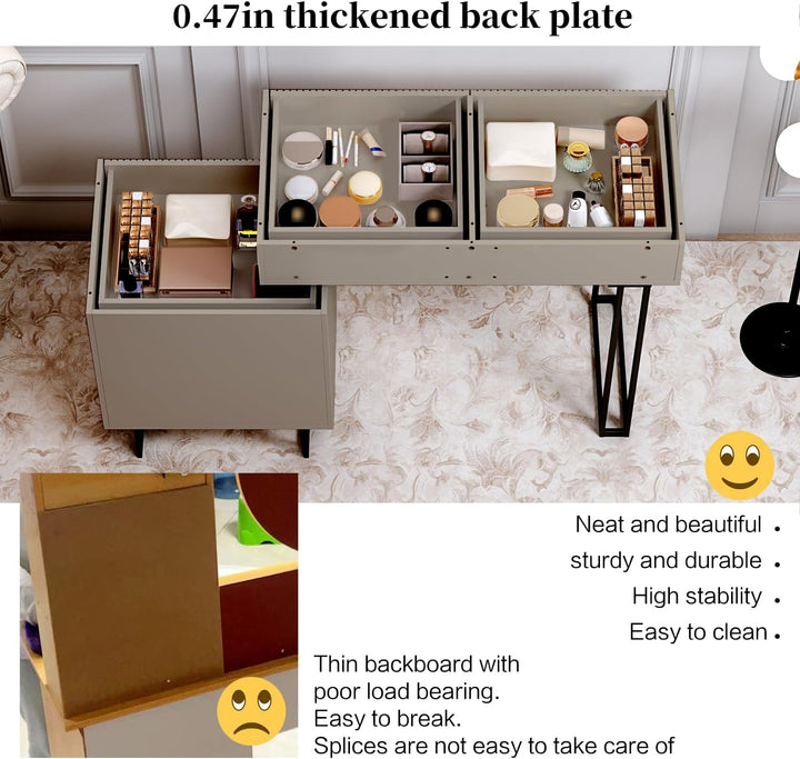 Modern Grey Vanity Desk with Mirror and Lights