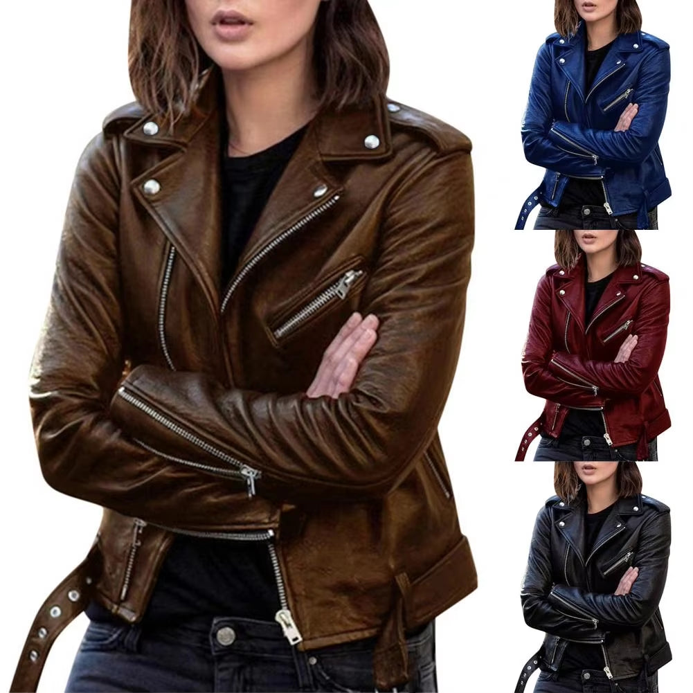 New Stylish Short Jacket Solid Female Moto Biker Jackets Thin Ladies Cool Faux Leather Jacket Slim Short Leather Outwear