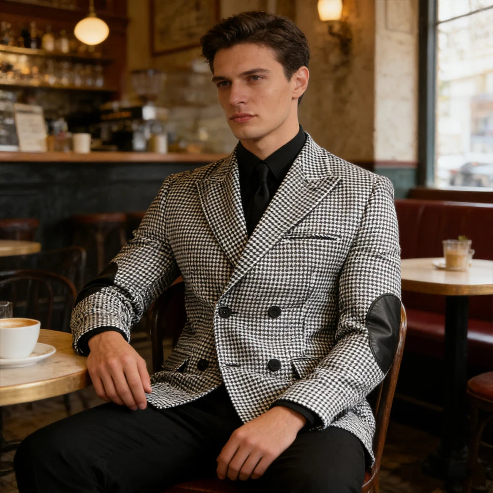 Premium Mens Double Breasted Blazer Leather Elbow Business Wedding Jacket