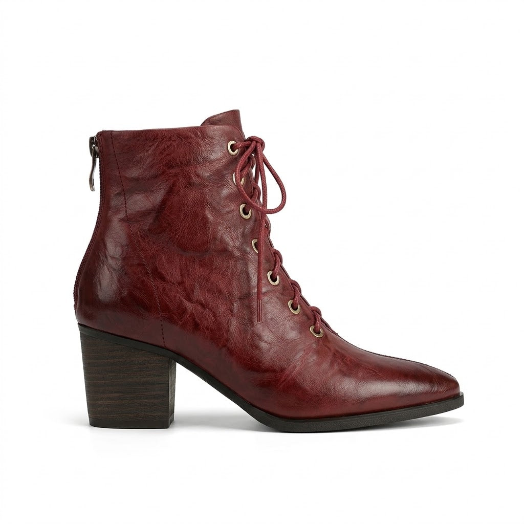 Women's Sheepskin Ankle Boots – Pointed Toe, Lace-Up Design, 6cm Chunky Heel