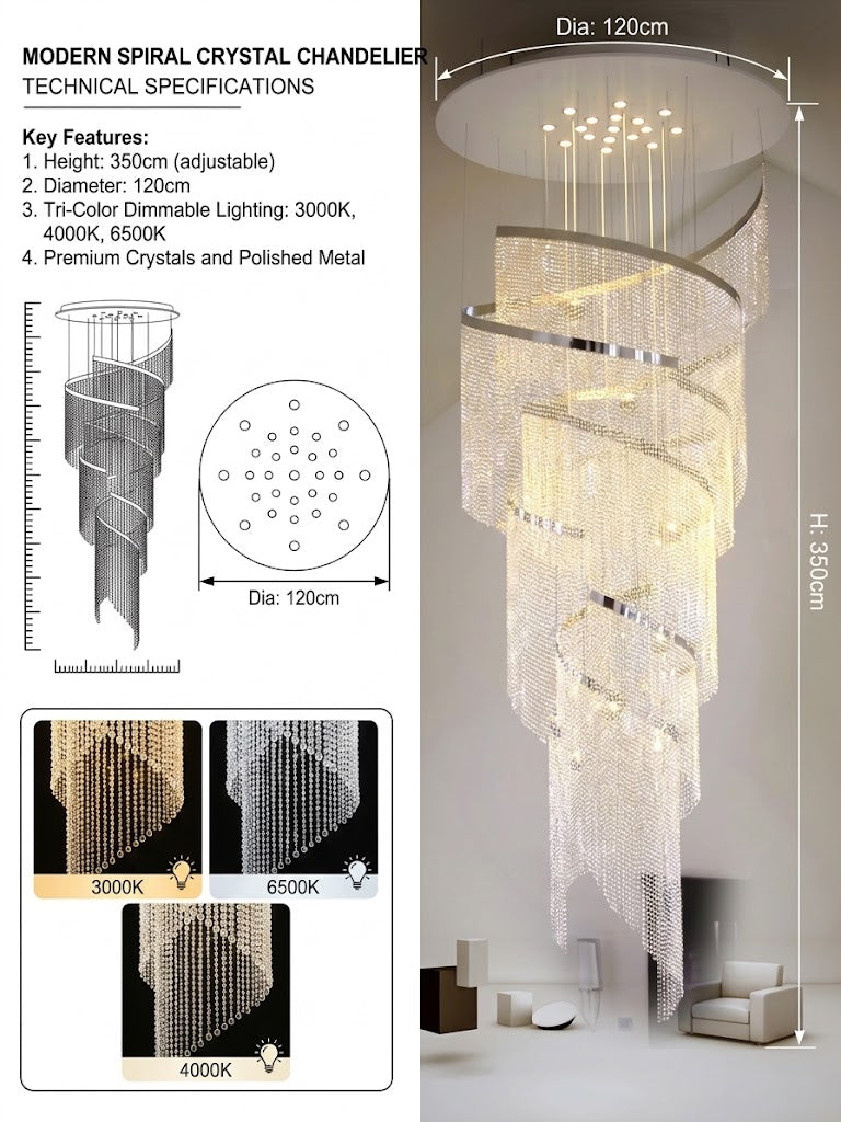Luxury Large Spiral Crystal LED Chandelier – Modern Staircase Chandelier