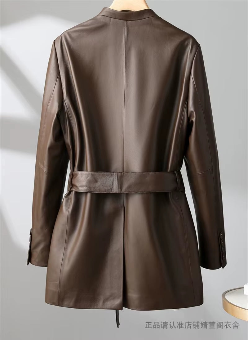 New Women Leather Jackets V-Neck Belt Design