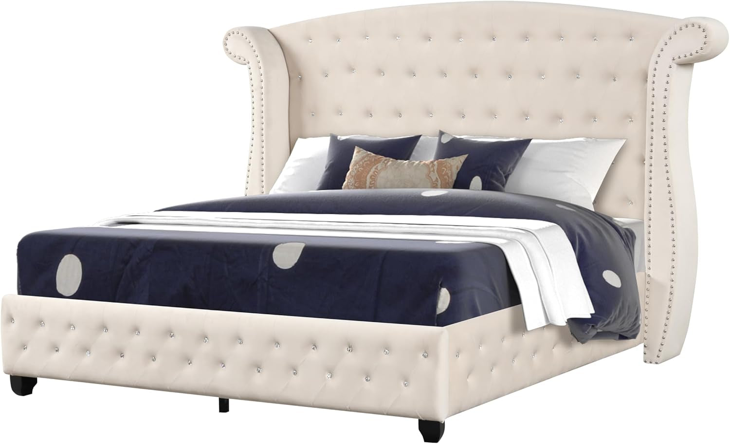 Luxury Bed Frame - Velvet Upholstered Platform Bed with Rolled Headboard 