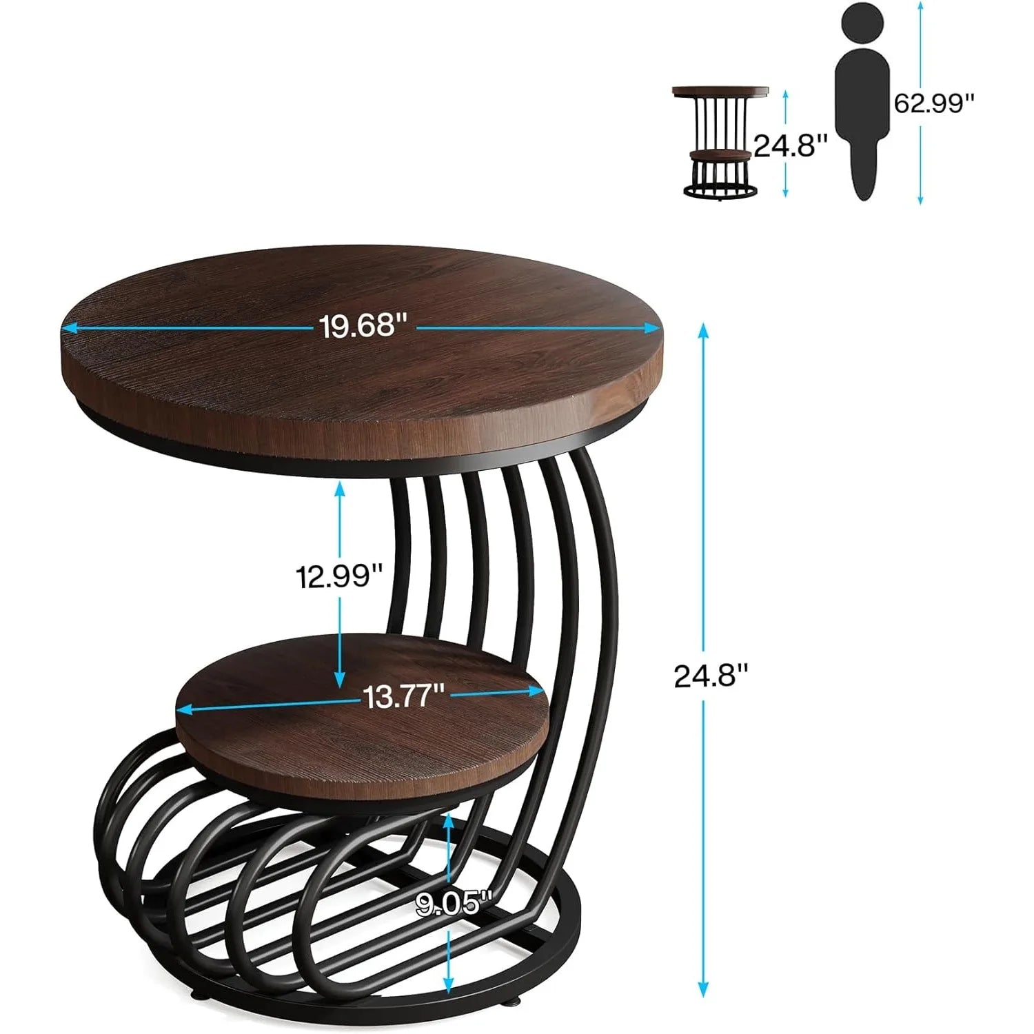 Arc-Shaped Side Table with 2 Tiers Storage Shelves