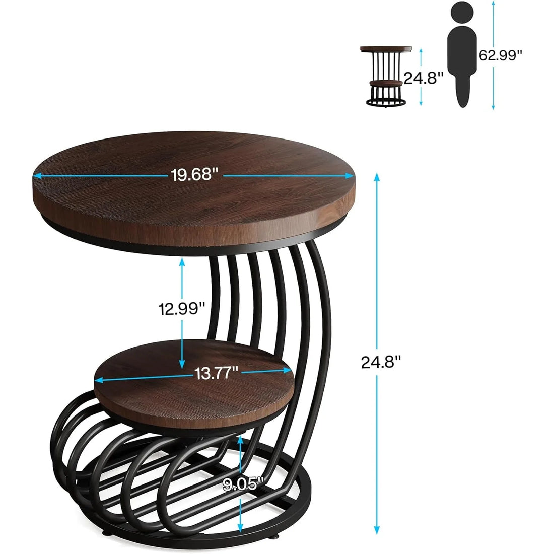 Arc-Shaped Side Table with 2 Tiers Storage Shelves