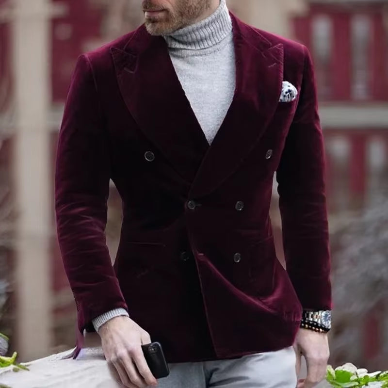 Fusion Stylish Men Double Breasted Burgundy Velvet Blazer for Men Slim Fit Men Suit Jacket 