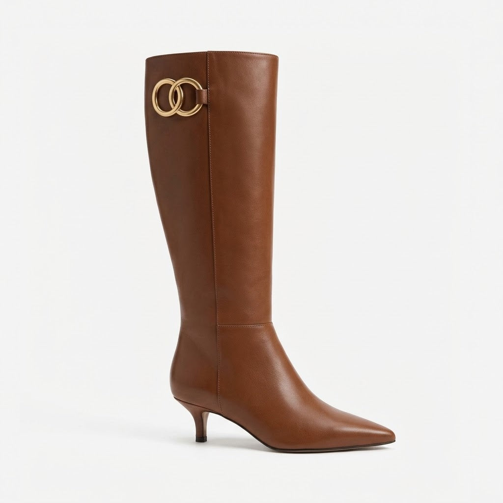 Luxury Women's Genuine Leather Knee High Boots – Pointed Toe, 4cm Kitten Heel