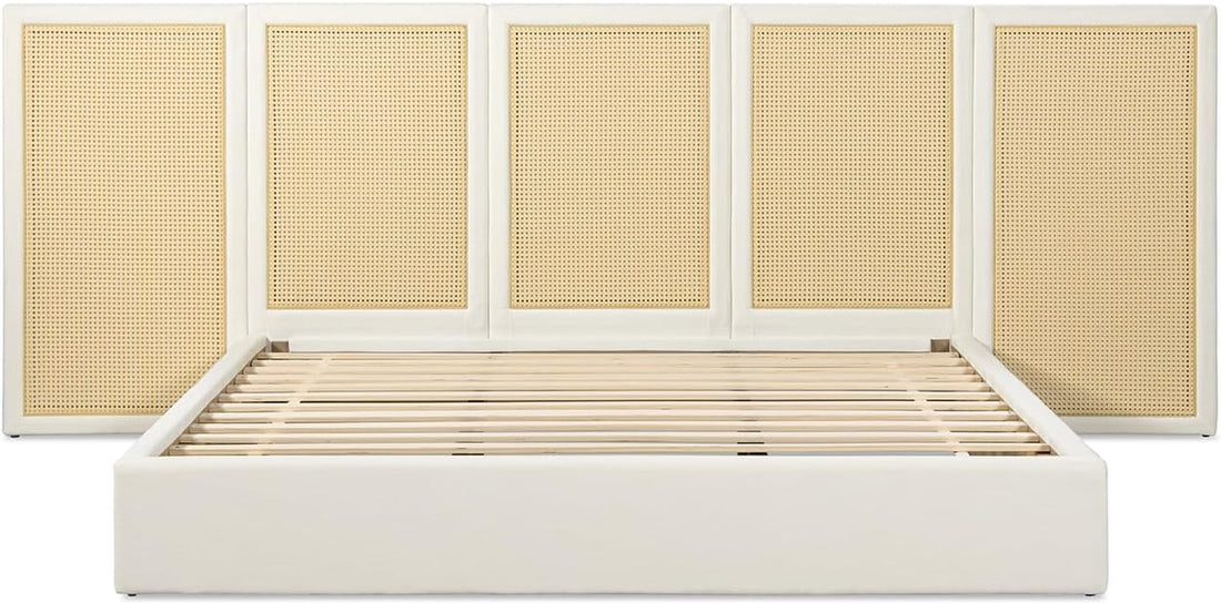 New Upholstered Bed Frame - Rattan Bedframe with Extended Cane Headboard 