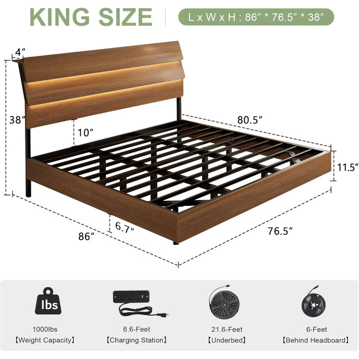 Premium Designed Bed Frame King with Led Lights and Charging Station