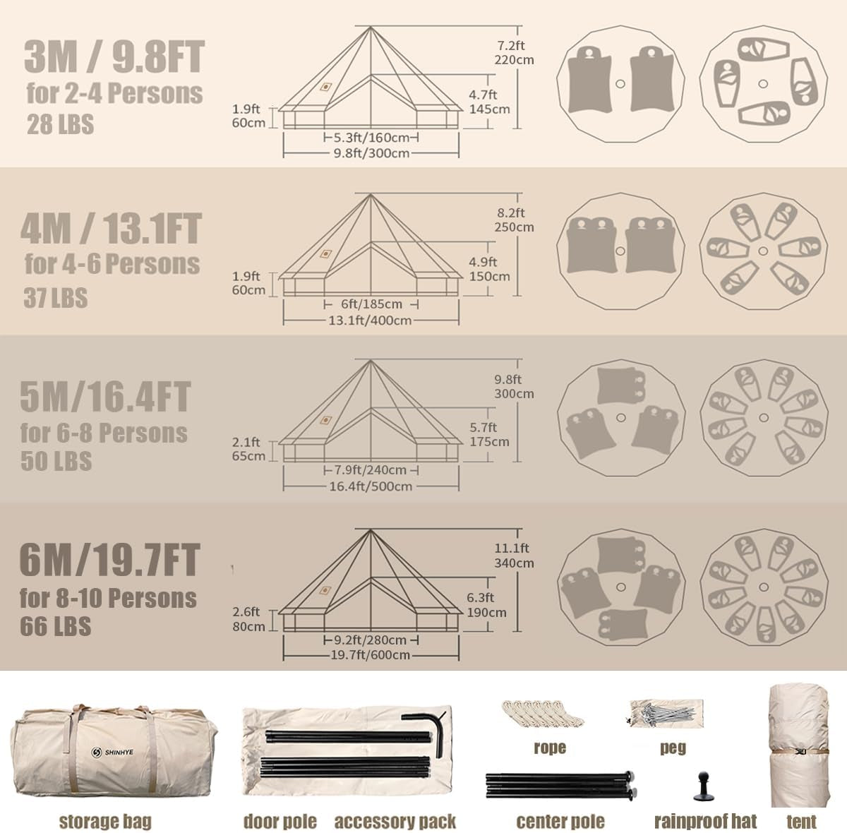 Canvas Bell Tent Yurt Tent 4 Seasons for Camping 100% Cotton Glamping Tents with Stove Jack, Family Camping Outdoor Hunting Party