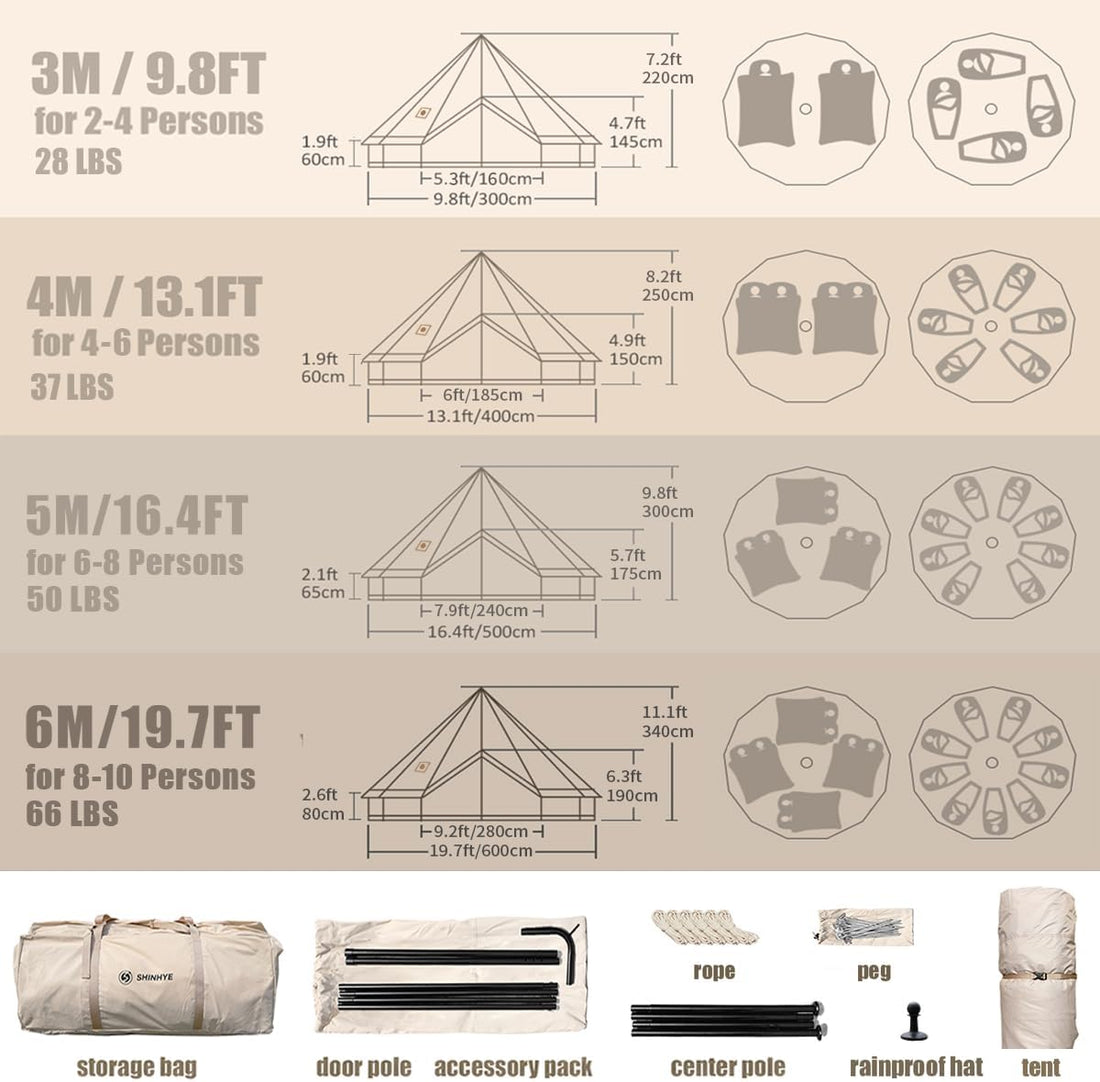Canvas Bell Tent Yurt Tent 4 Seasons for Camping 100% Cotton Glamping Tents with Stove Jack, Family Camping Outdoor Hunting Party