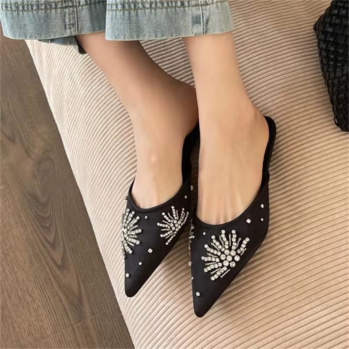 New  Crystal Diamond Pointed Toe Women Slippers Elegant Thin Low Heels Casual Fashion Shoes