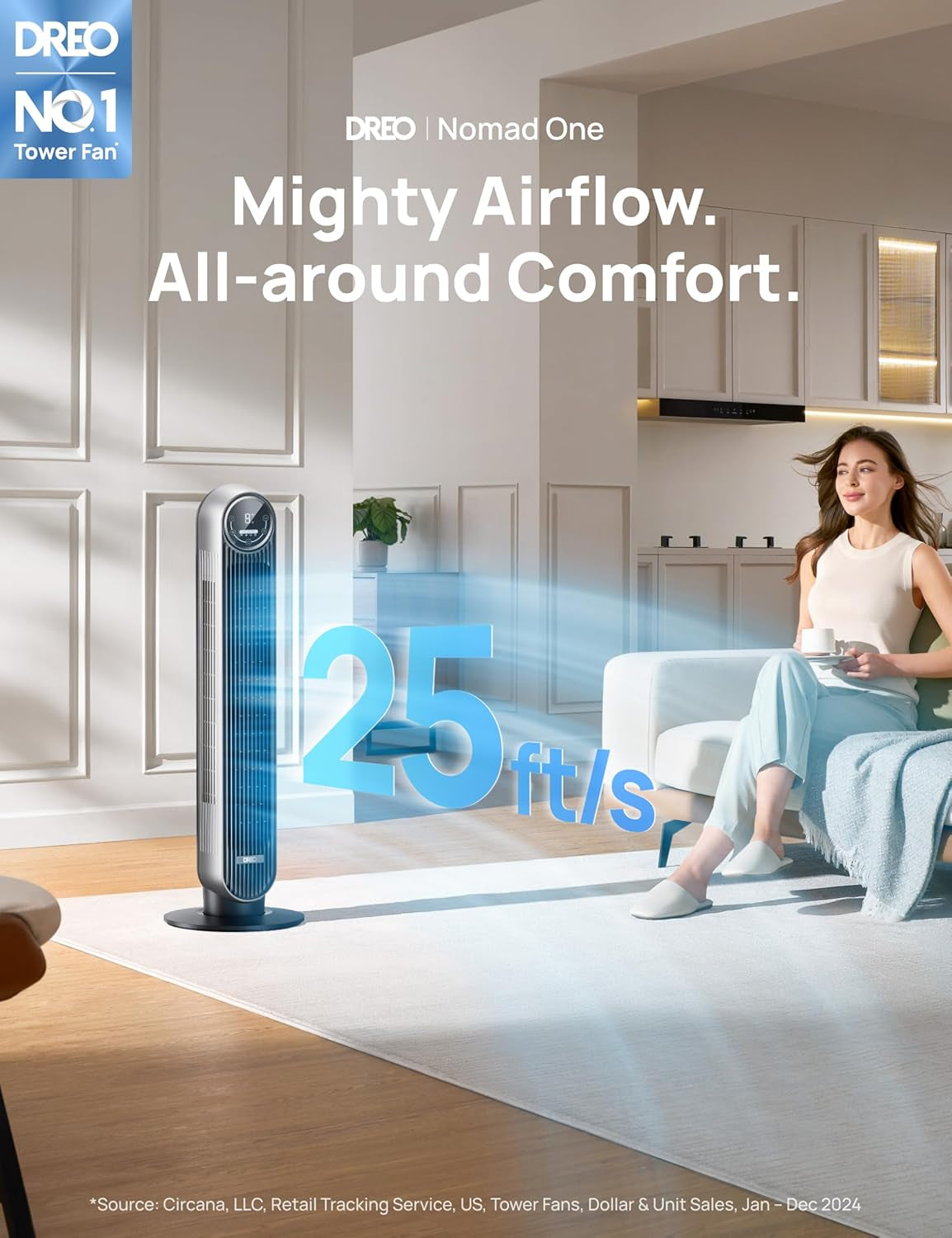 Bladeless Tower Fan - 25Ft/S, 4 Speeds, 4 Modes, 90° Oscillation, 8H Timer, Ultra Quiet for Bedroom, Indoors, Silver (Nomad One)