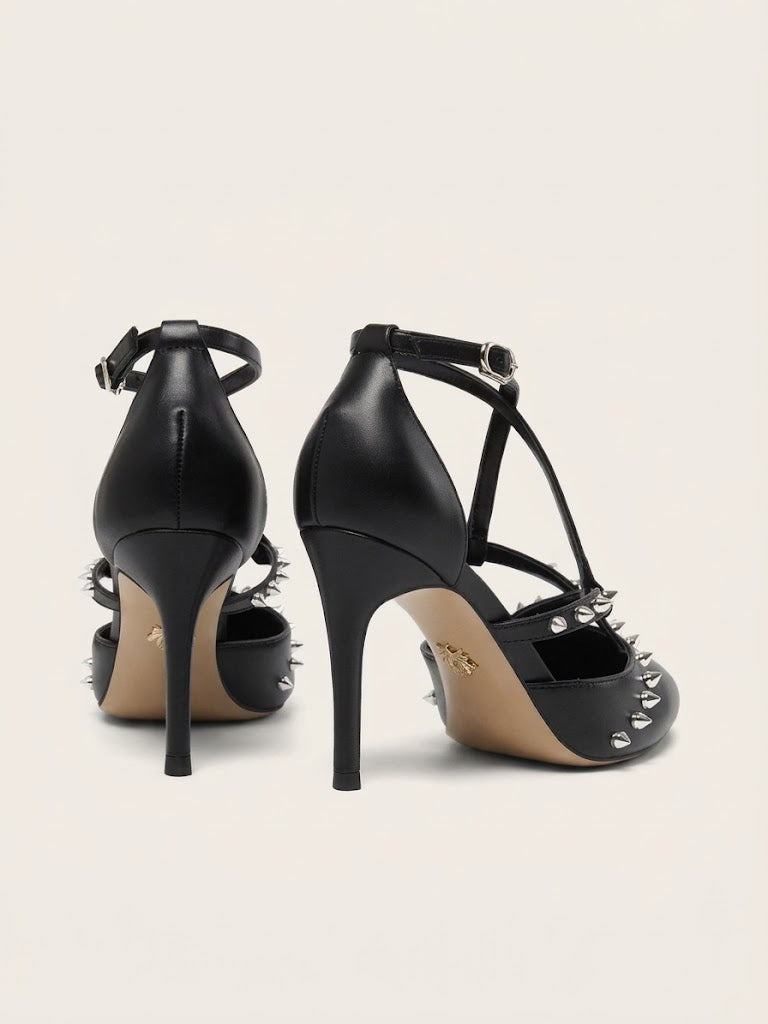 Women's Black Leather Pointed-Toe Rivet High-Heel Dress Sandals