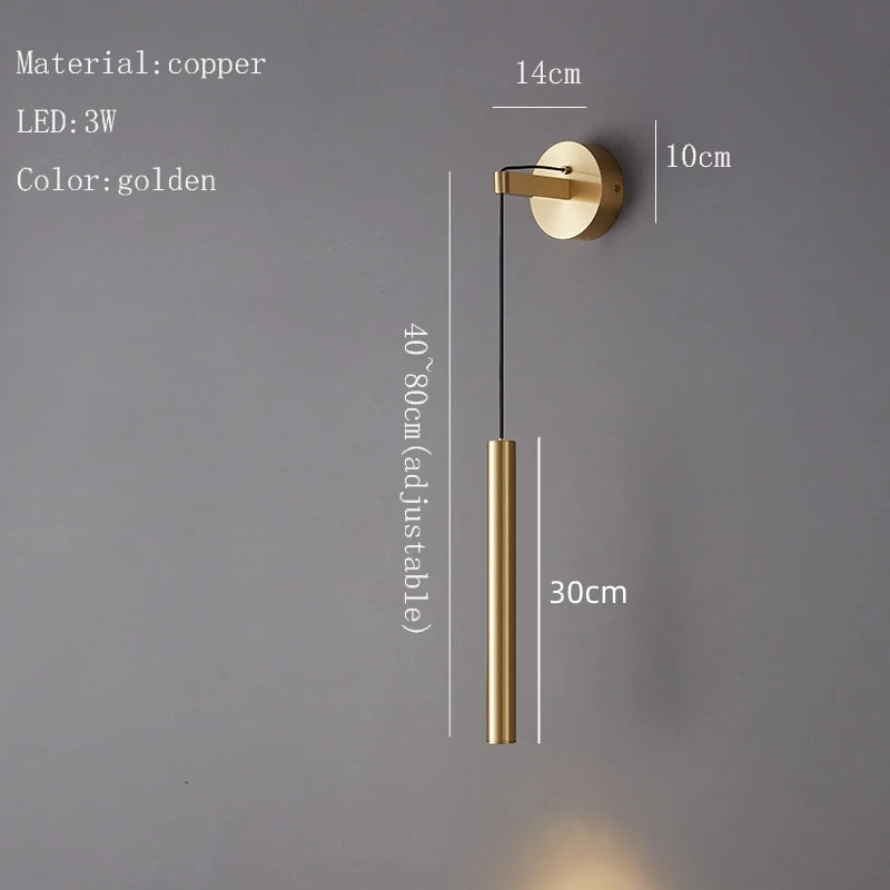 Light Luxury Copper LED Wall Lamp Height Adjustable Gold Black Brass Warm Atmosphere Sconces for Bedside Foyer Hotel Room