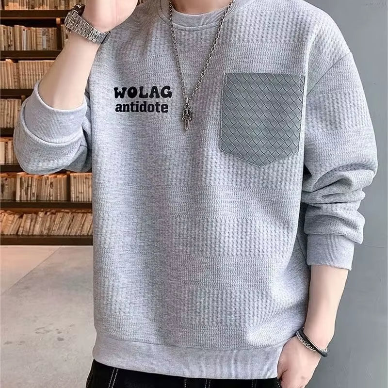 New Spring and Autumn Fashion Trend Print Panel Leather Pocket round Neck Loose and Versatile Handsome Men'S Long Sleeve Sweater