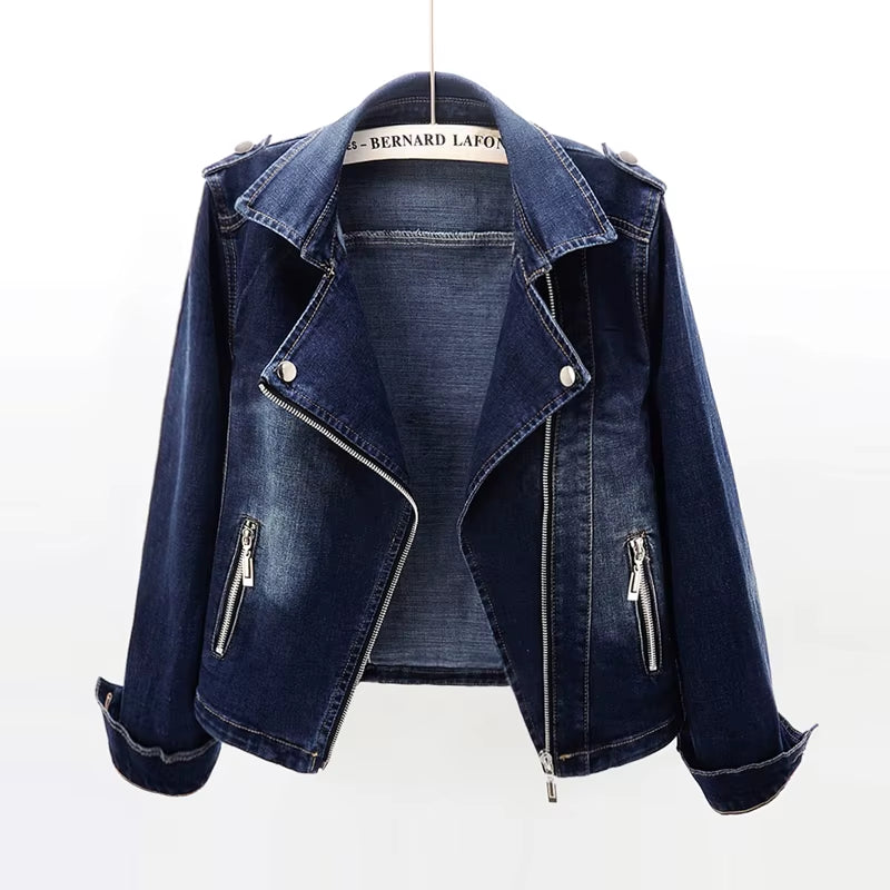 Autumn Women'S Denim Jacket Coat New Fashion Slim Stretch Suit Collar Jeans Outerwear Female Short Motorcycle Jacket Tops AH164