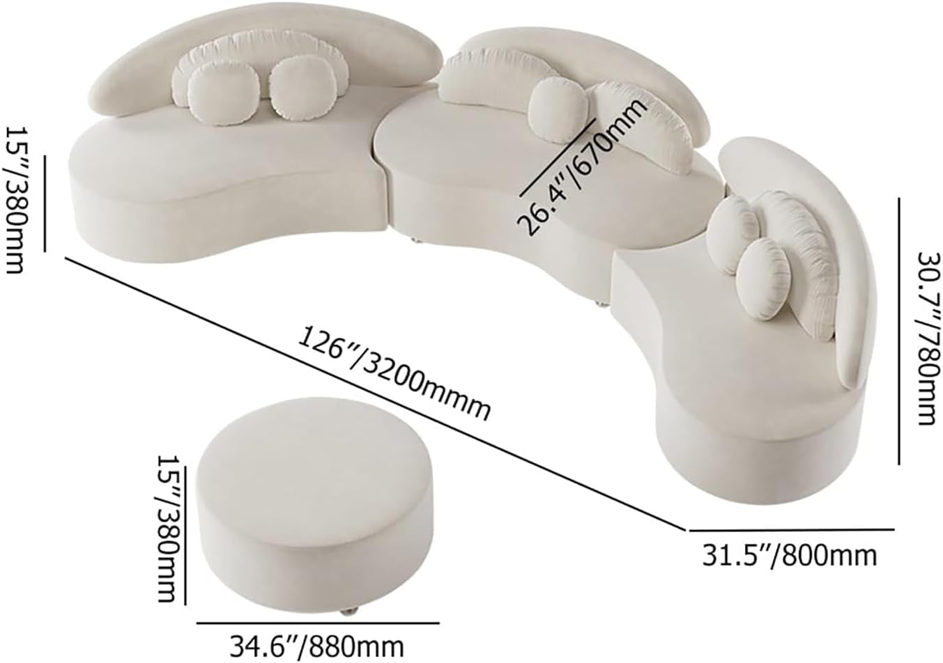 Modern 7-Seat Curved Modular Sectional Sofa, with Ottoman