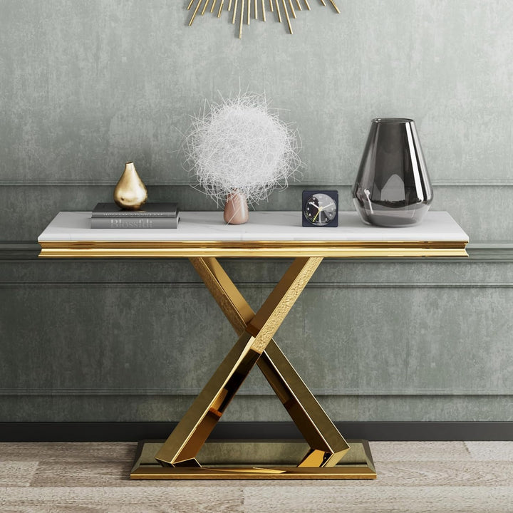 Gold Console Table, 50" Entryway Table with White Tabletop & Gold Polished X-Base, Luxury Sofa Table for Living Room, Hallway, Foyer