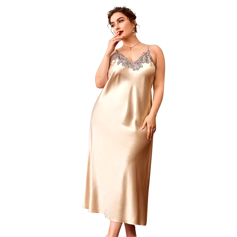 New Sleepwear Women Lace Silk Satin Sleeveless Nighties Summer V-Neck Suspender Thin Long Imitation Silk Nightgown