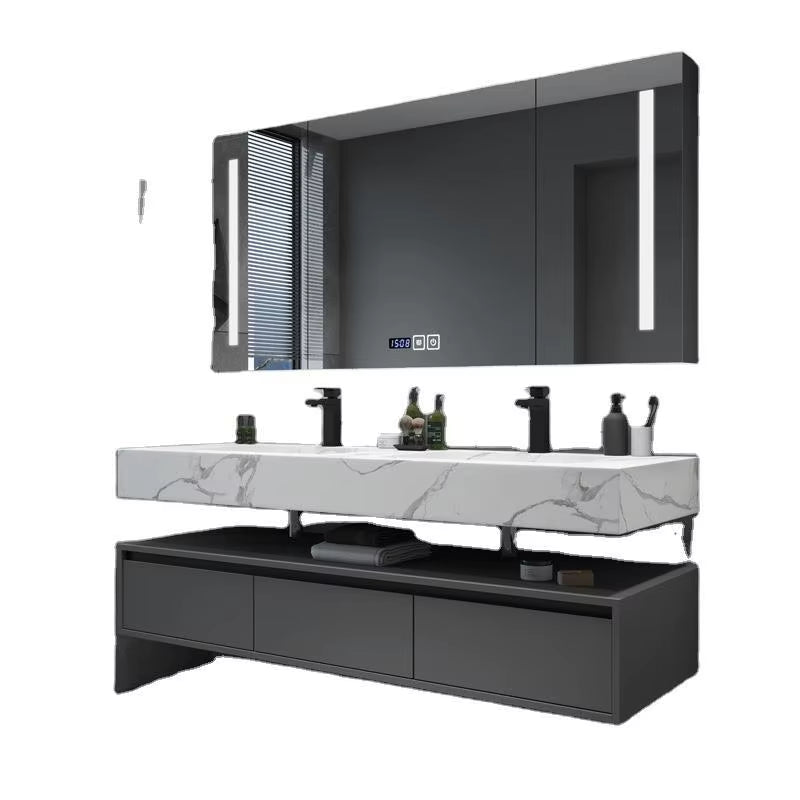 Customized Slate Solid Wood Double Sink Grey Bathroom Vanity Cabinets