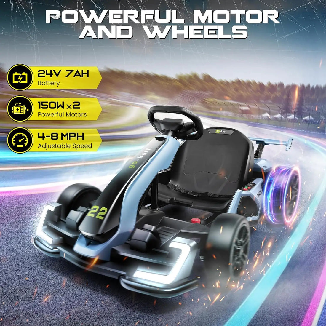Go Kart for Kids, 24V Electric Go Cart with Adjustable Seat, Fast 8.5 MPH, 300W Motor, EVA Tires, Drift Mode and 2 Speed, Blue