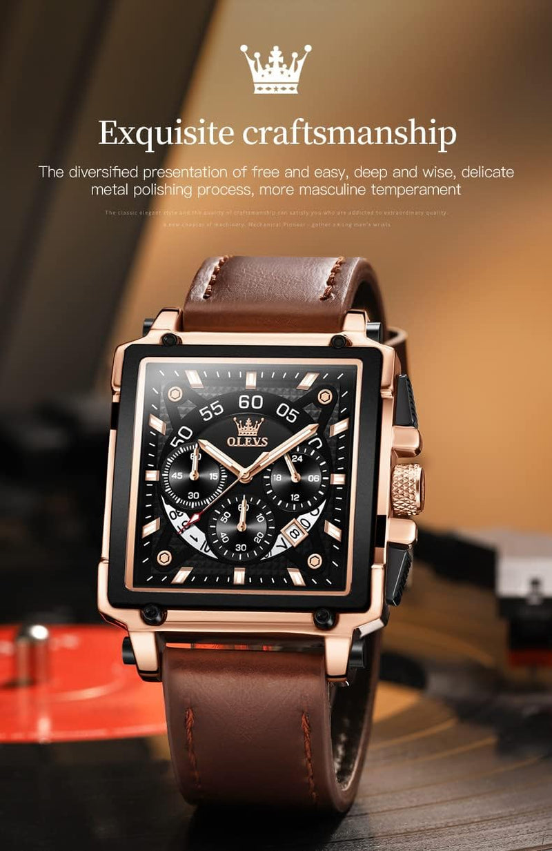 Vintage Square Watch for Men Genuine Brown Leather 