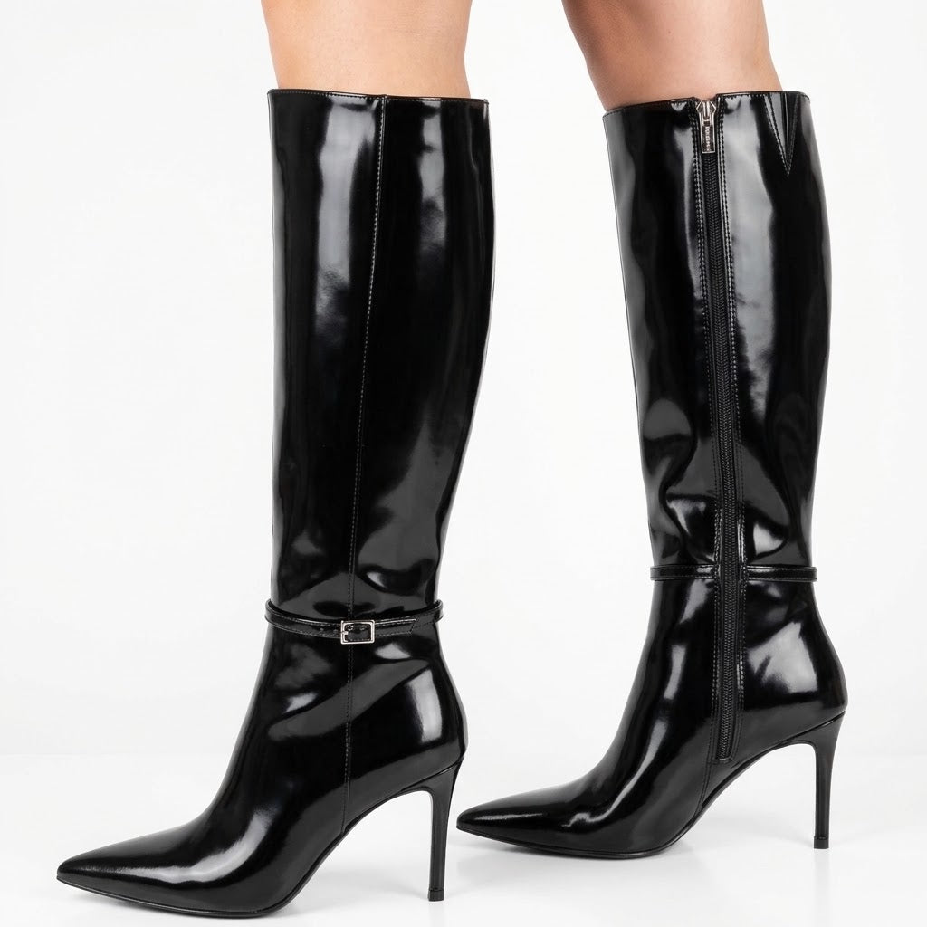 Women’s Black Knee-High Stiletto Boots with Buckle Straps &amp; Pointed Toe