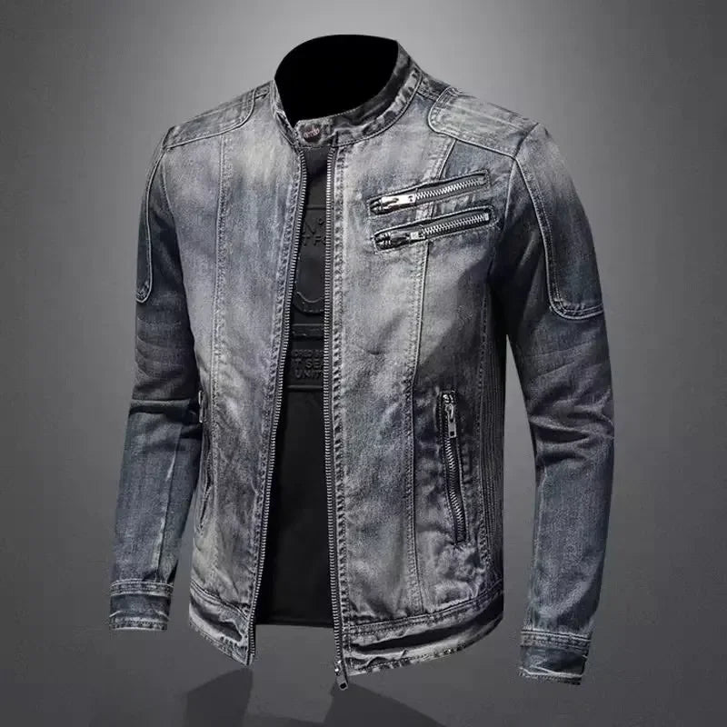 New Arrival Italian Toxic Men'S Denim Jacket Casual Vintage Stand Collar Zip-Up Jacket Riding Motorcycle Gear Trendy