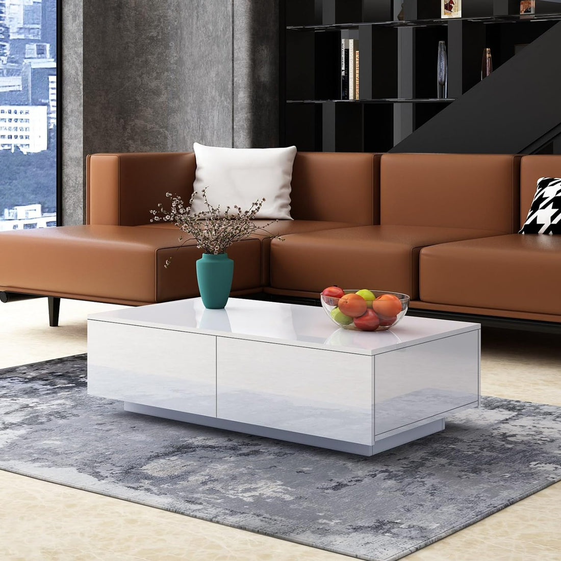 White Coffee Tables Living Room, Wooden Centre Table High Gloss with 4 Drawers, Modern Coffee Table for Living Room Bedroom