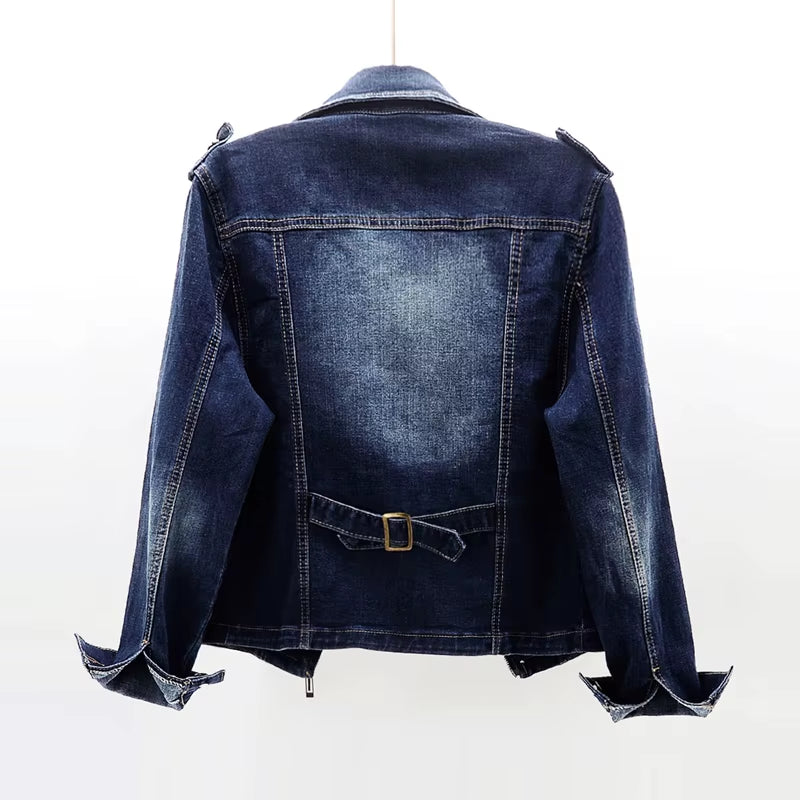 Autumn Women'S Denim Jacket Coat New Fashion Slim Stretch Suit Collar Jeans Outerwear Female Short Motorcycle Jacket Tops AH164