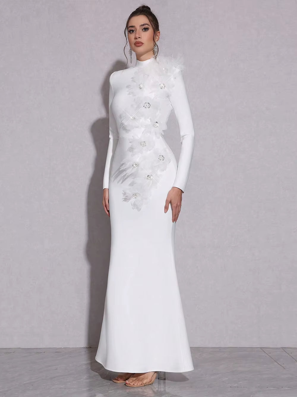 New Women Bandage Dress with Splicing Flowers Maxi Dress Gown