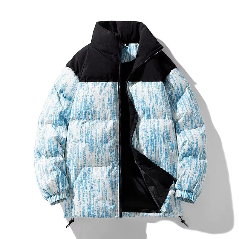 Men'S Warm Jacket Winter New Fashion Tie-Dye Gradient Loose Outdoor Travel Stand Collar Coat Men'S Thickening Padded Clothing