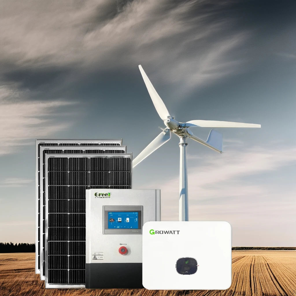 Solar panel, wind turbine, and battery pack against a cloudy sky.