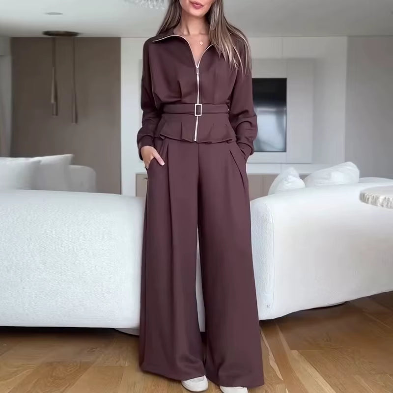 New Autumn Winter Women's 2 Piece Suit Zipper Jacket with Wide Leg Pants 