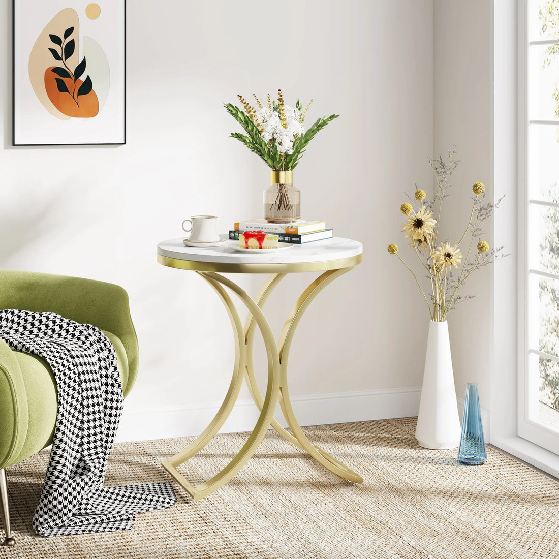 White Gold Side round End Table Modern Small Coffee Table