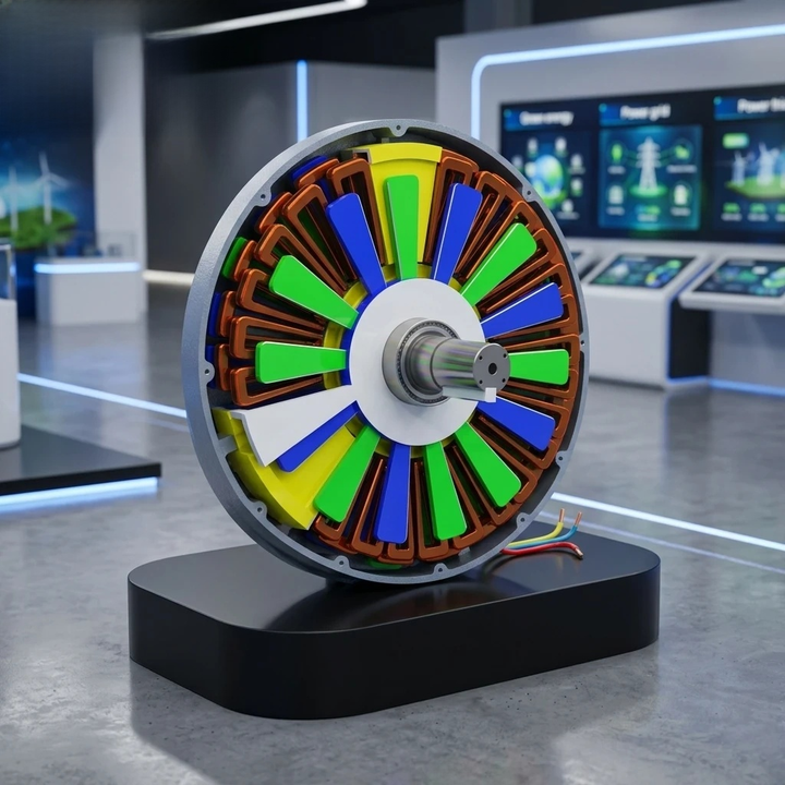 Colorful electric motor on a stand with a futuristic background