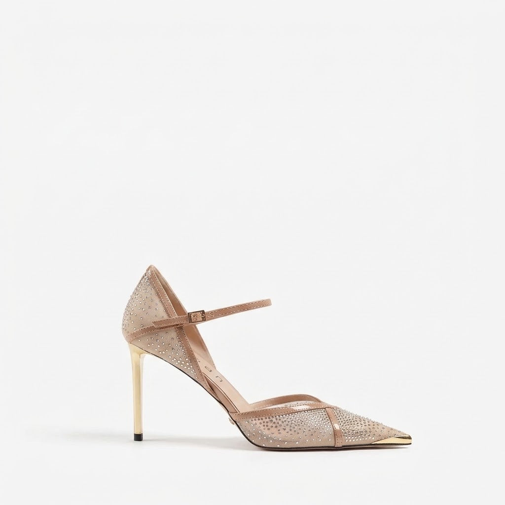Women's Pointed-Toe Crystal Mesh Leather Stiletto Heel Sandals