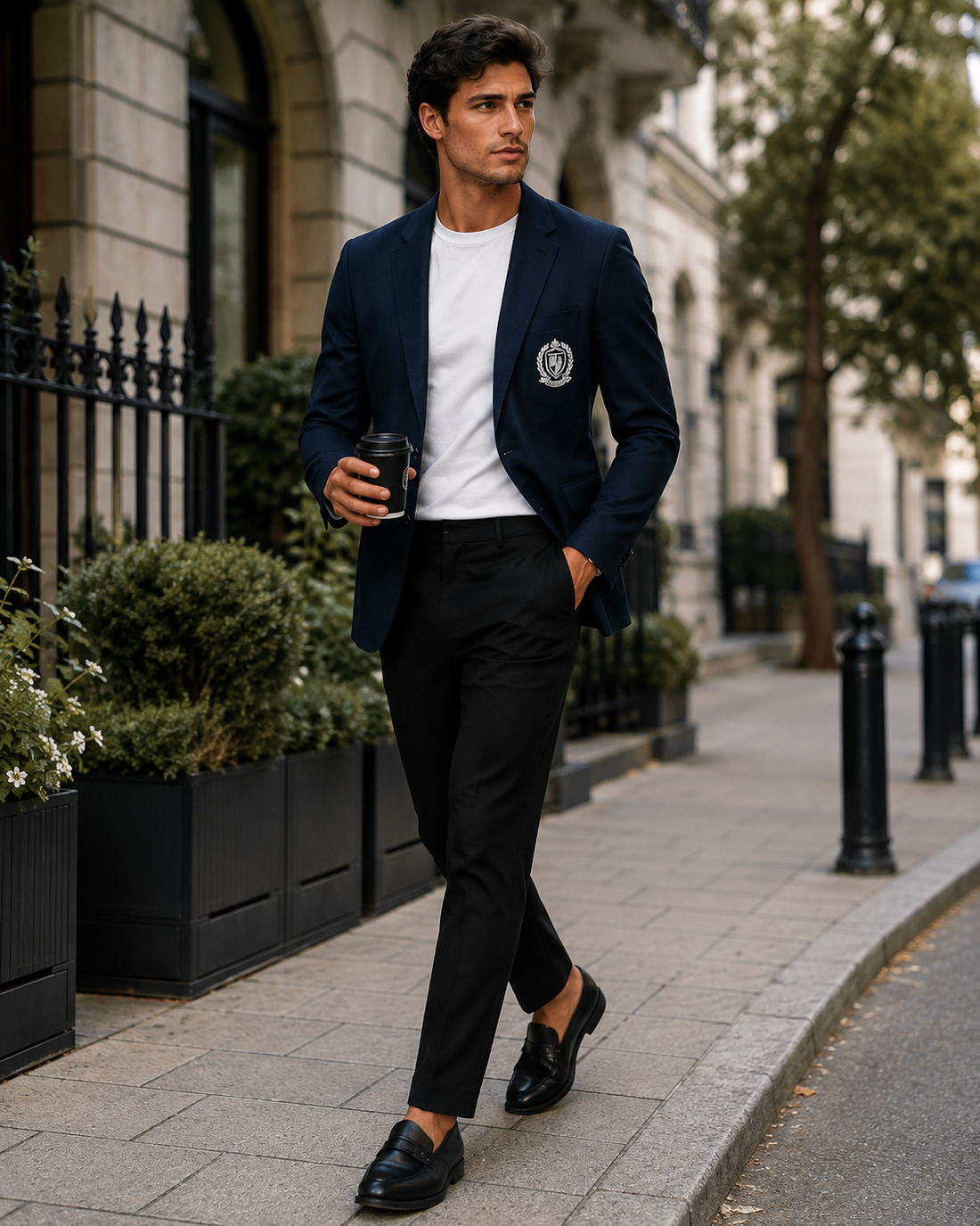 Men's One-Button Navy Blue Badge Blazer