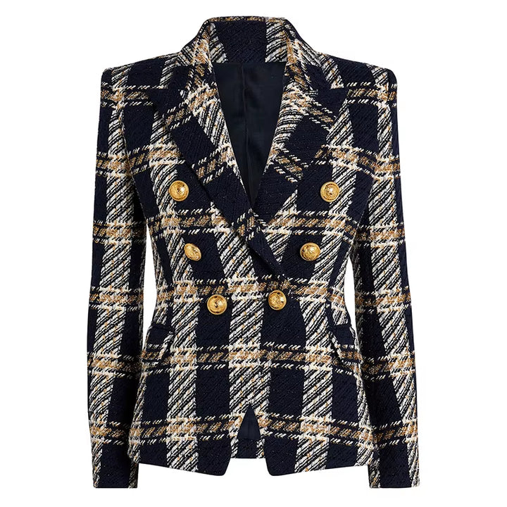 Premium Designed Women Fashion Blazer Jacket Double Breasted Plaid Wool Tweed Blazer