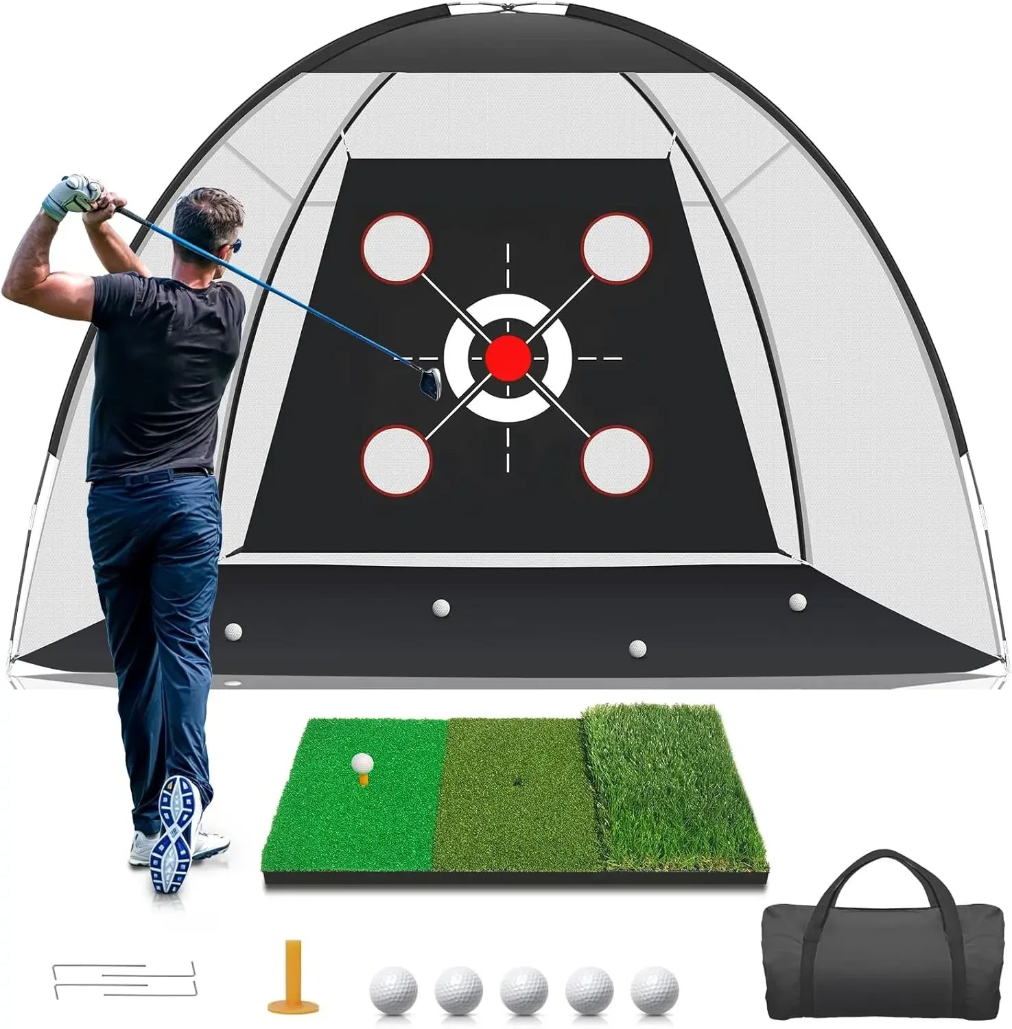 Modern Portable Golf Hitting Net Training Mat 10X7Ft with Target and Balls