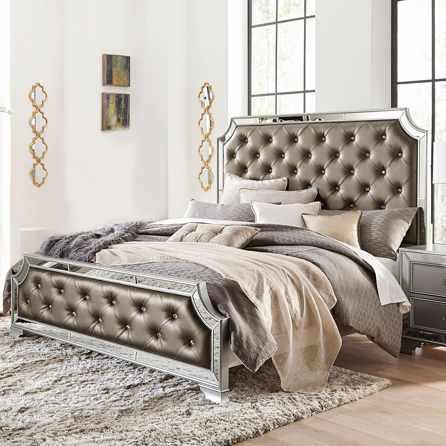 Modern Mirror Bed Frame Crystal Button-Tufted Headboard & Footboard