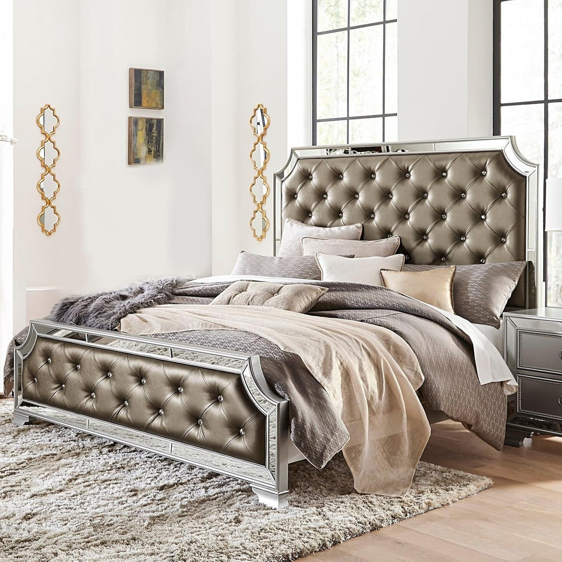 Modern Mirror Bed Frame Crystal Button-Tufted Headboard & Footboard