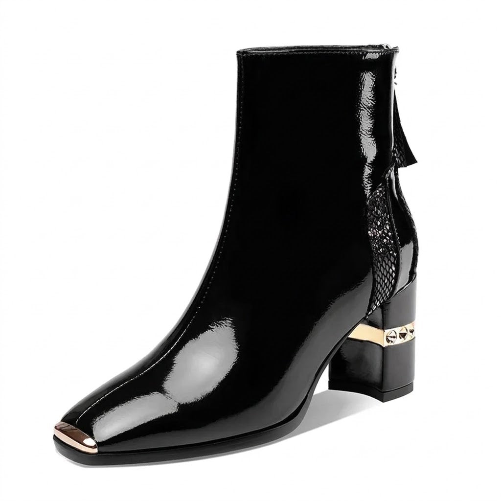 Women's Glossy Patent Leather Ankle Boots – Cashmere Lined Square-Toe Winter Heels