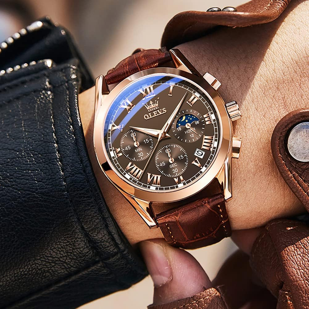 Mens Chronograph Brown Leather Watch Waterprood