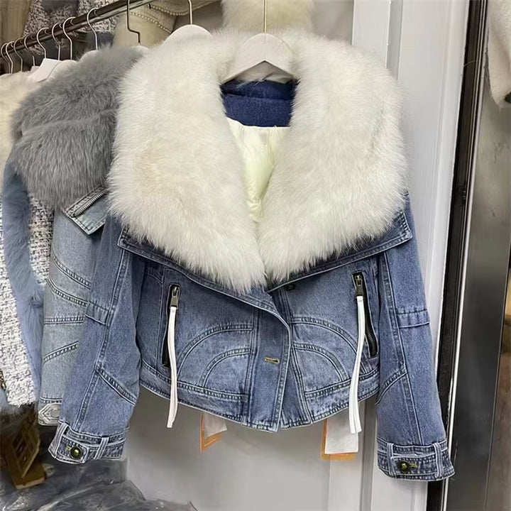 2024 Winter Women New Luxury Fox Fur Big Collar Goose down Denim down Jackets Short Warm Casual Jacket Coat